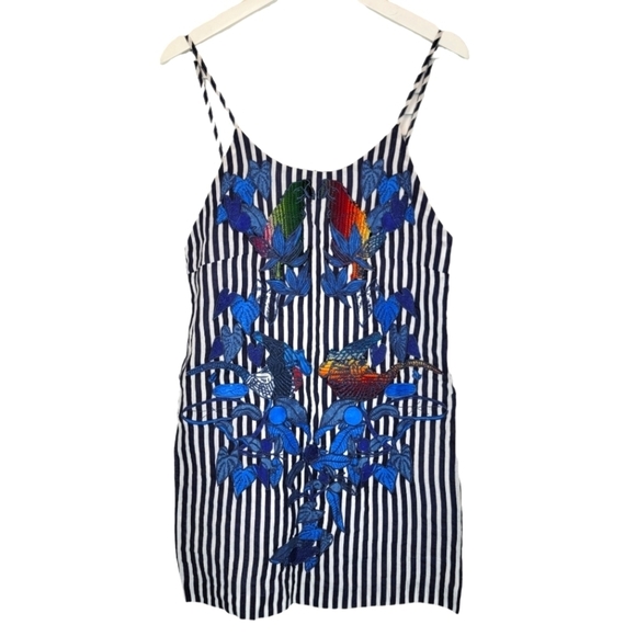 FARM RIO Striped Parrot Embroidered Mini Dress Women's XS Linen Sleeveless Blue - Picture 2 of 15